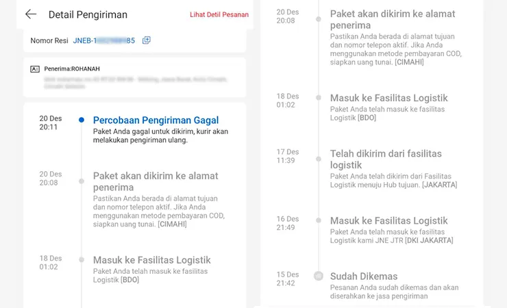 Contoh Status Pengiriman JNE Bermasalah