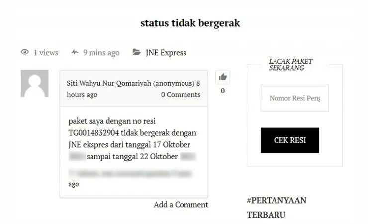 Contoh Status Pengiriman JNE Tidak Bergerak