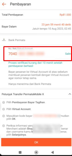 6. Salin Nomor Virtual Account